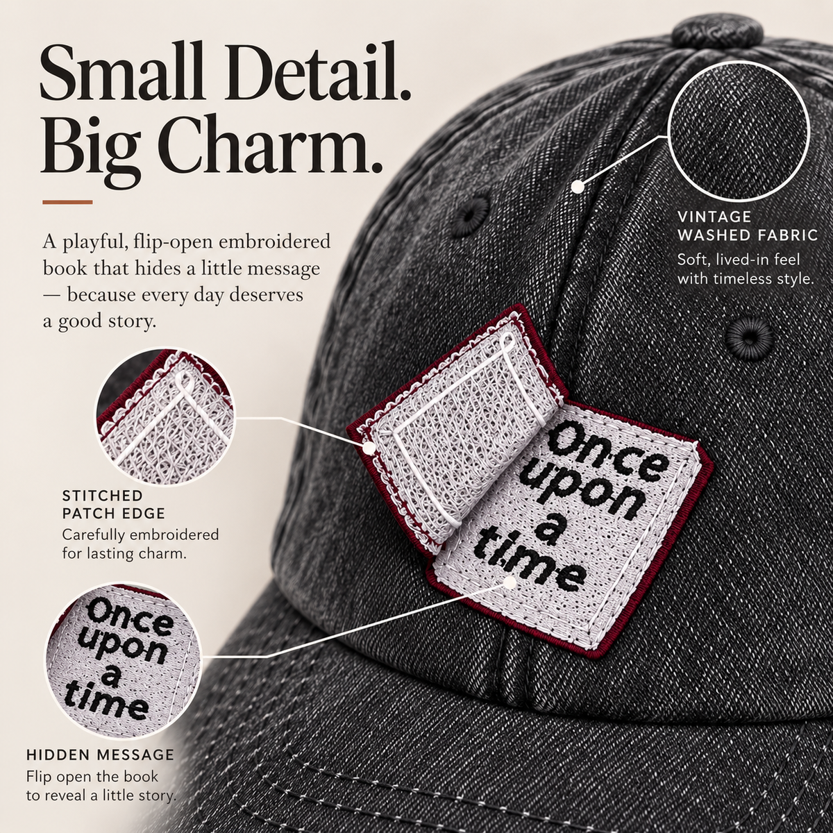 📕Interactive Storybook Cap – Vintage Washed Flip-Open Book Hat