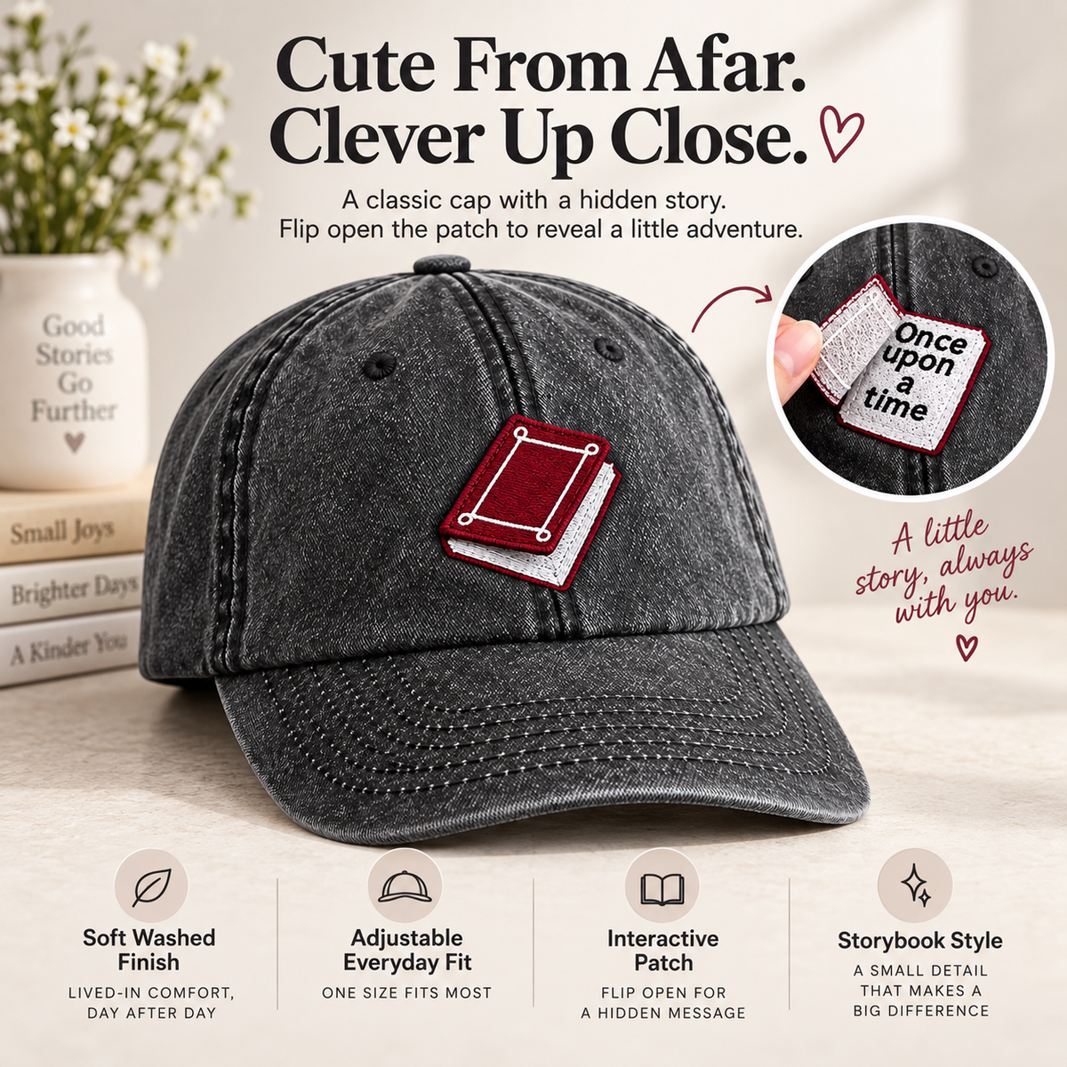 📕Interactive Storybook Cap – Vintage Washed Flip-Open Book Hat