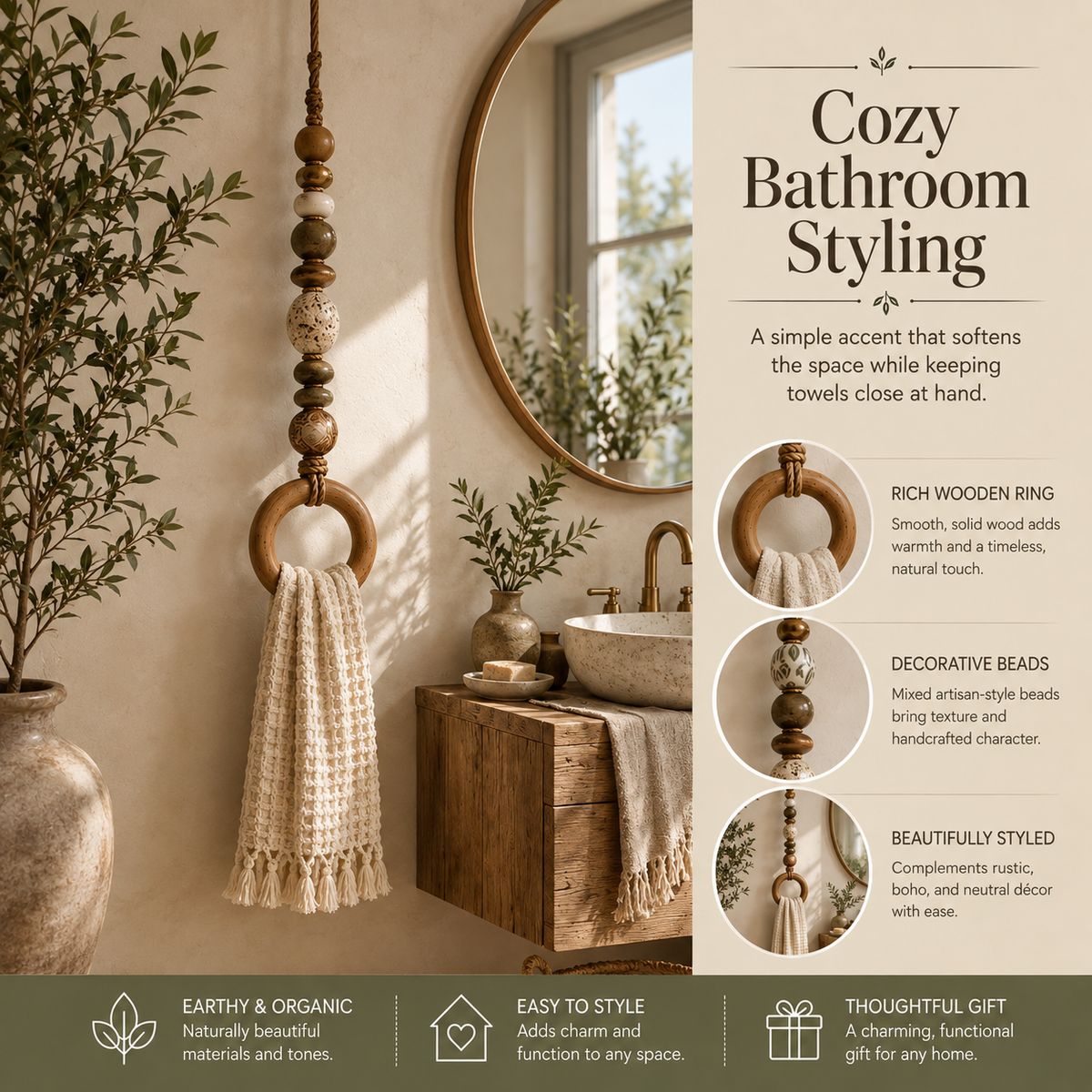 Organic rustic beaded decorative towel holders