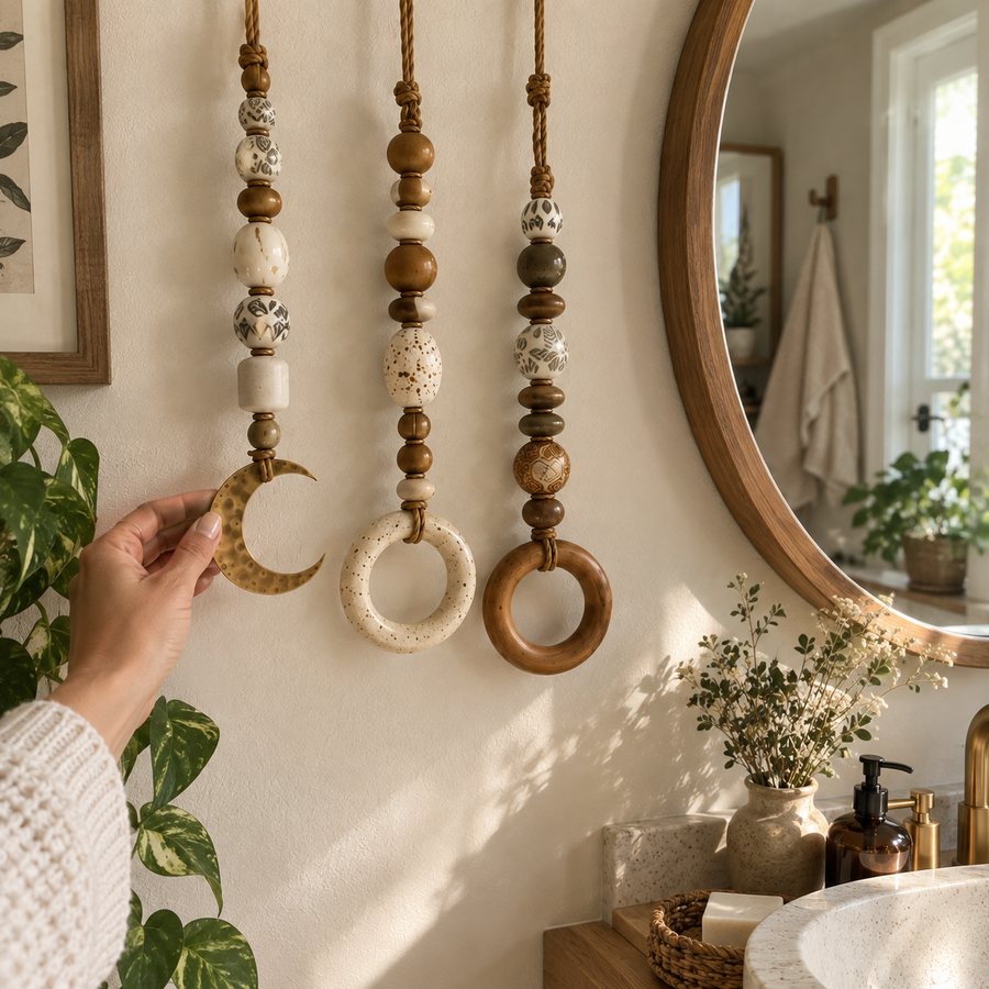 Customer wall display with three decorative beaded hanging holders