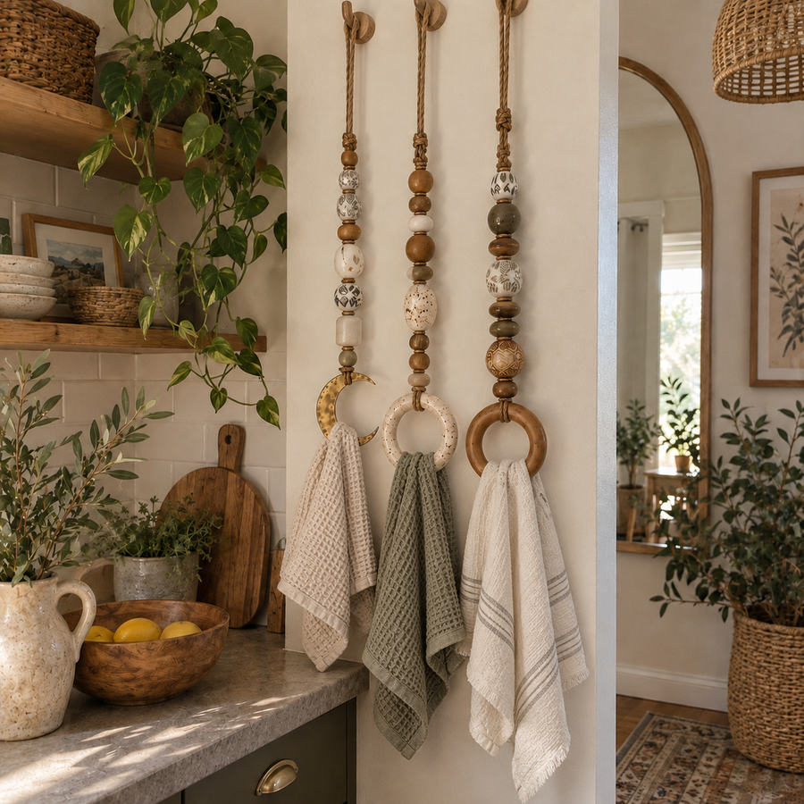 Customer holding decorative crescent moon beaded hanger