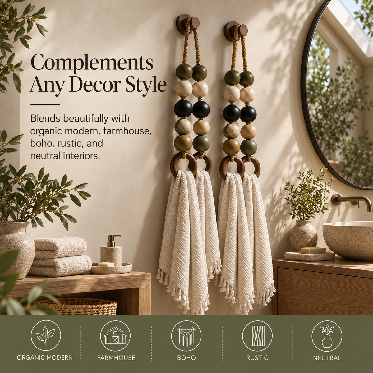 Boho Beaded Double-Ring Towel Hanger styled in pairs