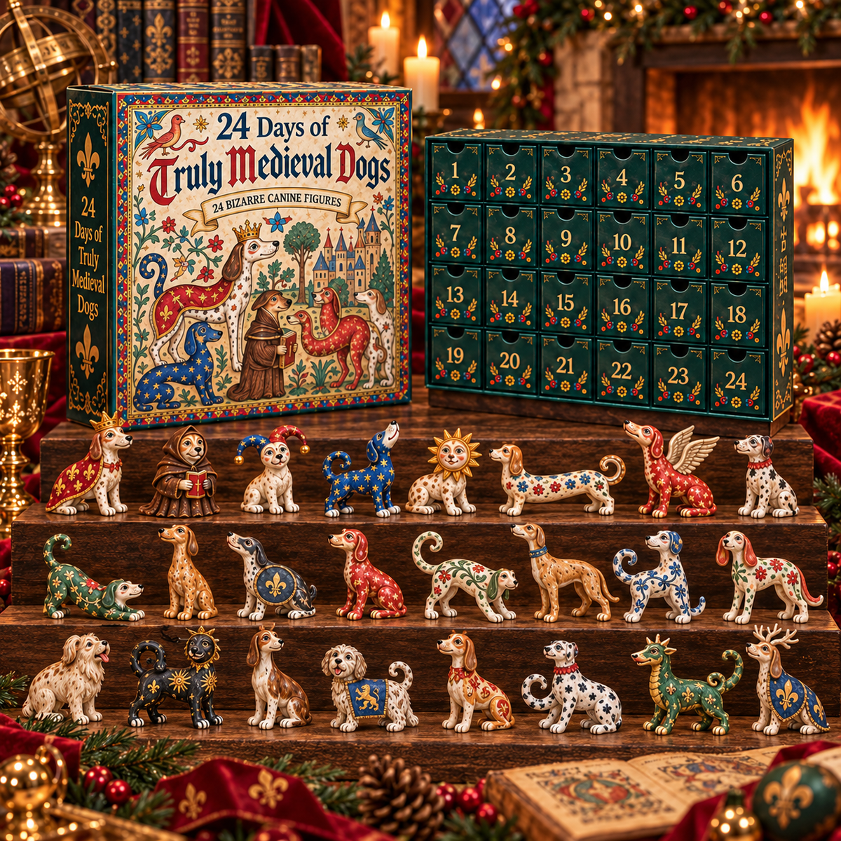 24 unique medieval dog figurines