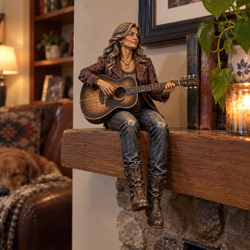 Free Spirit guitarist figurine styled on a home shelf