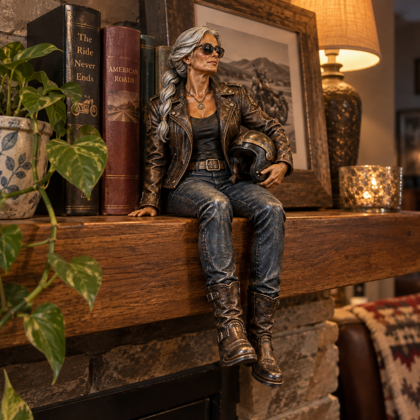 Silver Rider styled on a cozy living room mantel