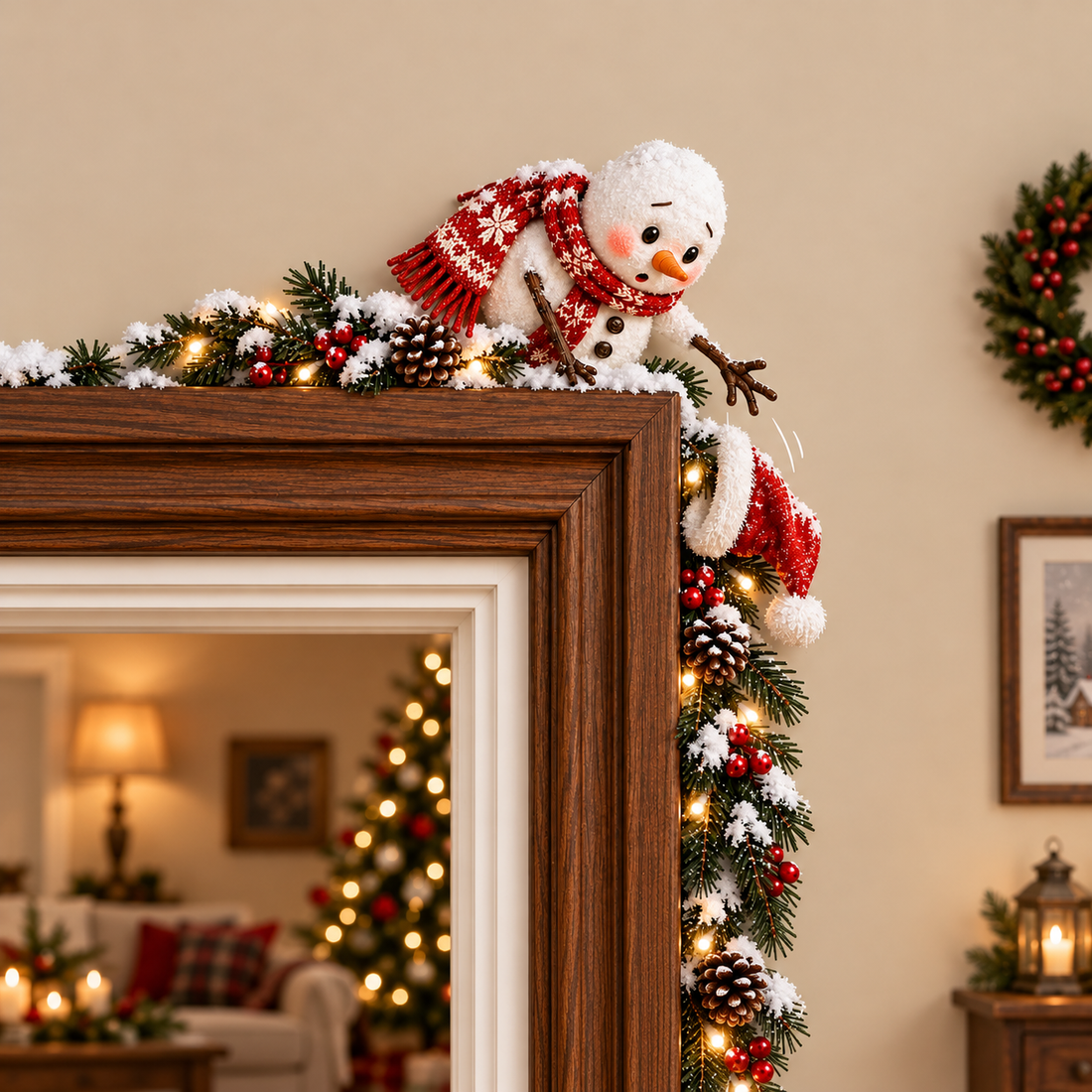 Christmas doorway snowman with garland in living room