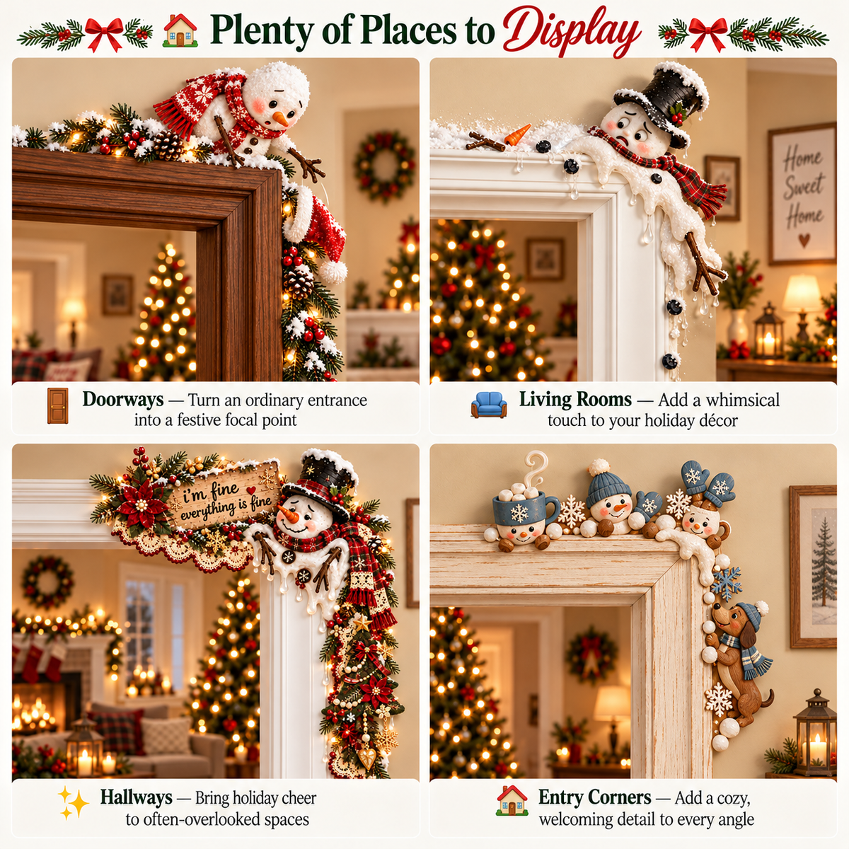 Christmas doorway decorations shown in different home settings