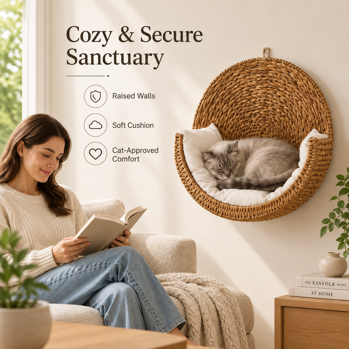 Cat owner gently petting cat in wall-mounted woven cat bed