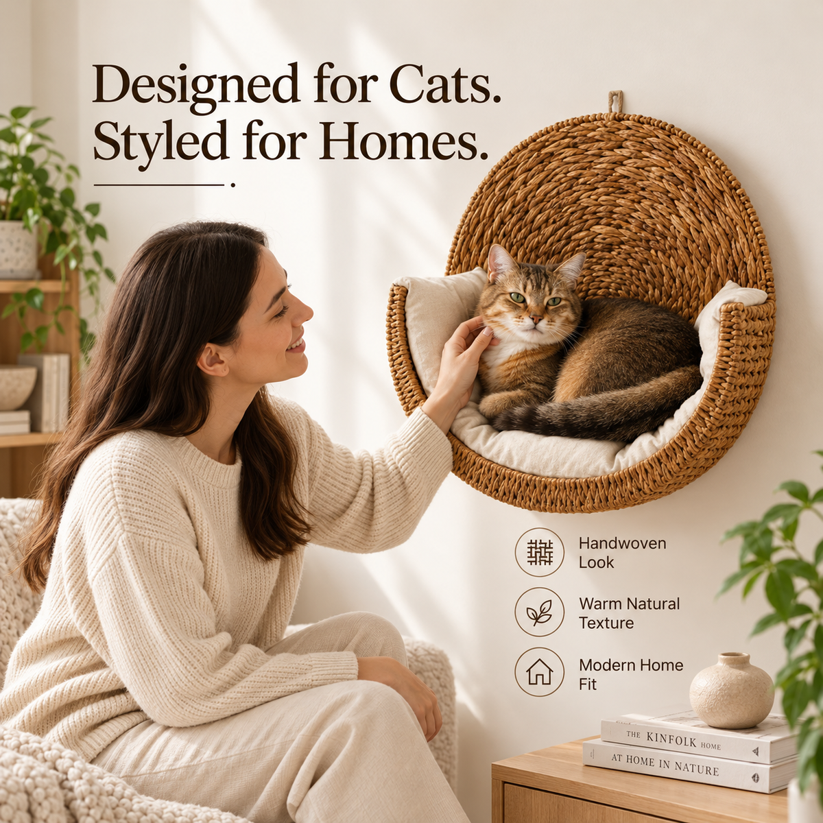 Removable plush cushion shown inside woven hanging cat bed