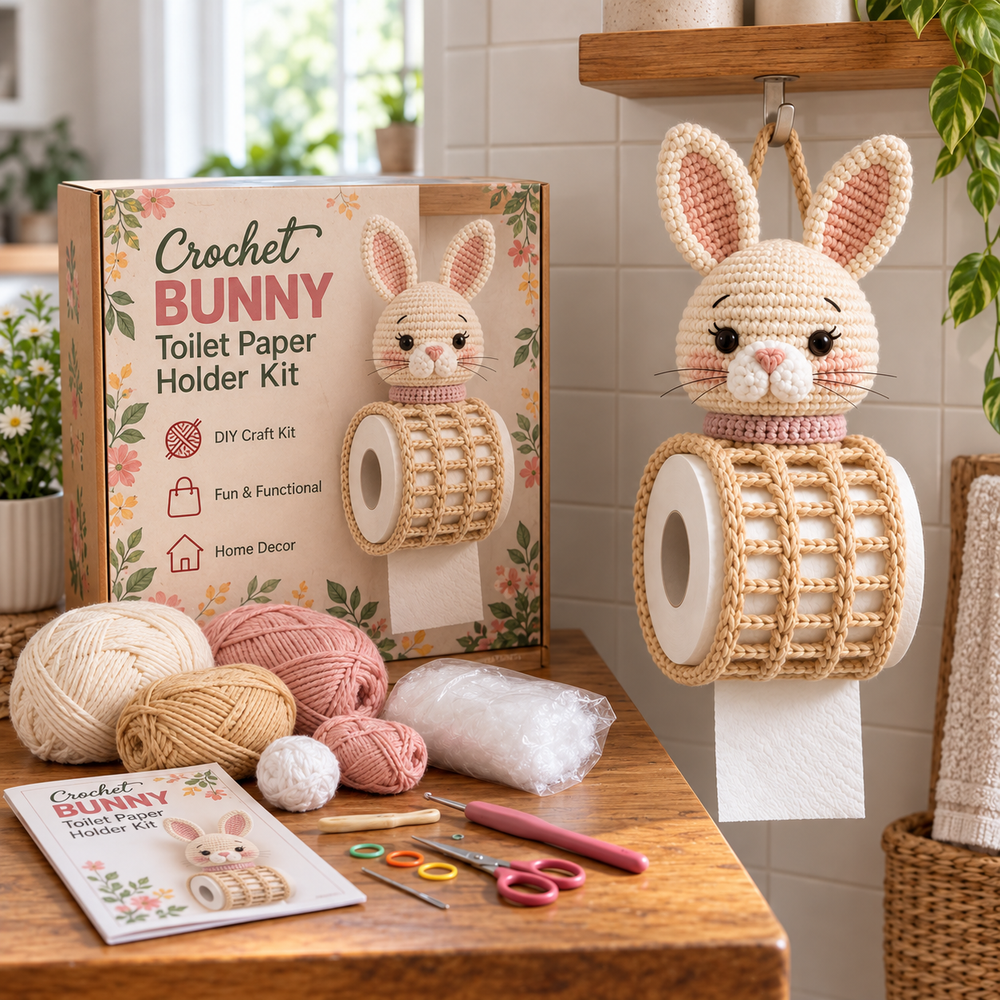 Bunny DIY kit, yarn and finished toilet paper holder example