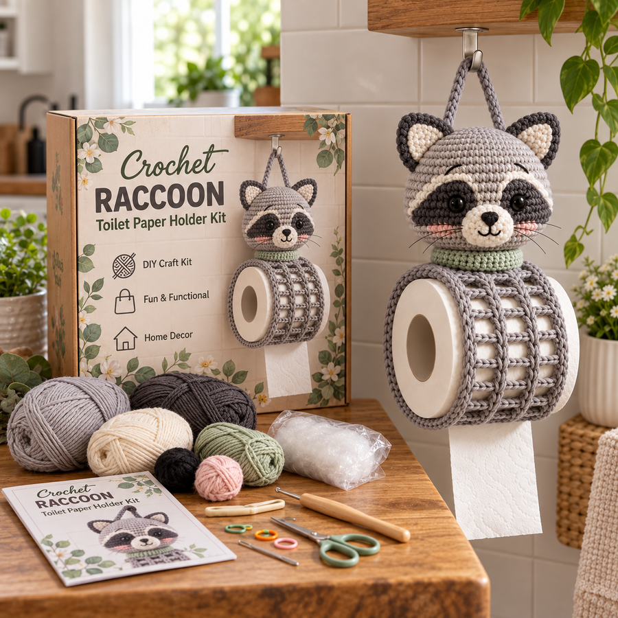 Raccoon crochet DIY kit materials and finished hanging holder
