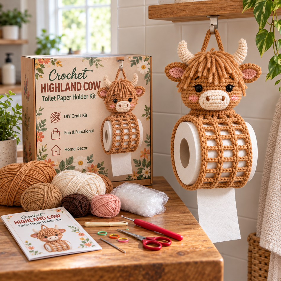Highland Cow kit packaging and crochet craft components photographed together