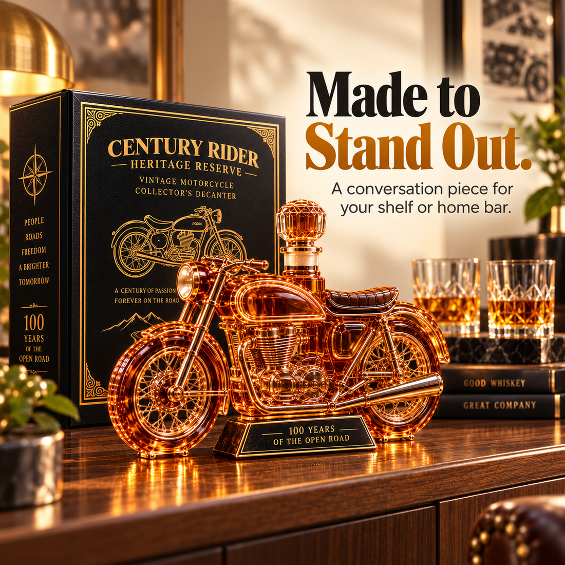 Motorcycle decanter displayed on a wooden home bar next to its collector box