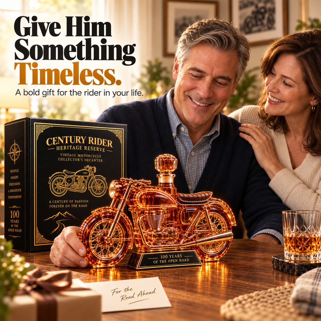 Motorcycle decanter offered as a thoughtful gift in a warm family setting