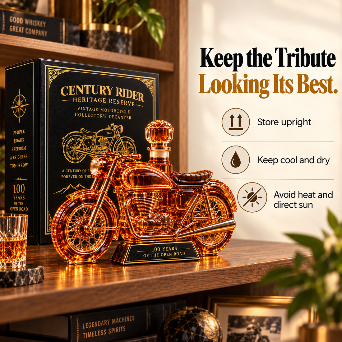 Century Rider decanter illustrated with upright storage and care guidance