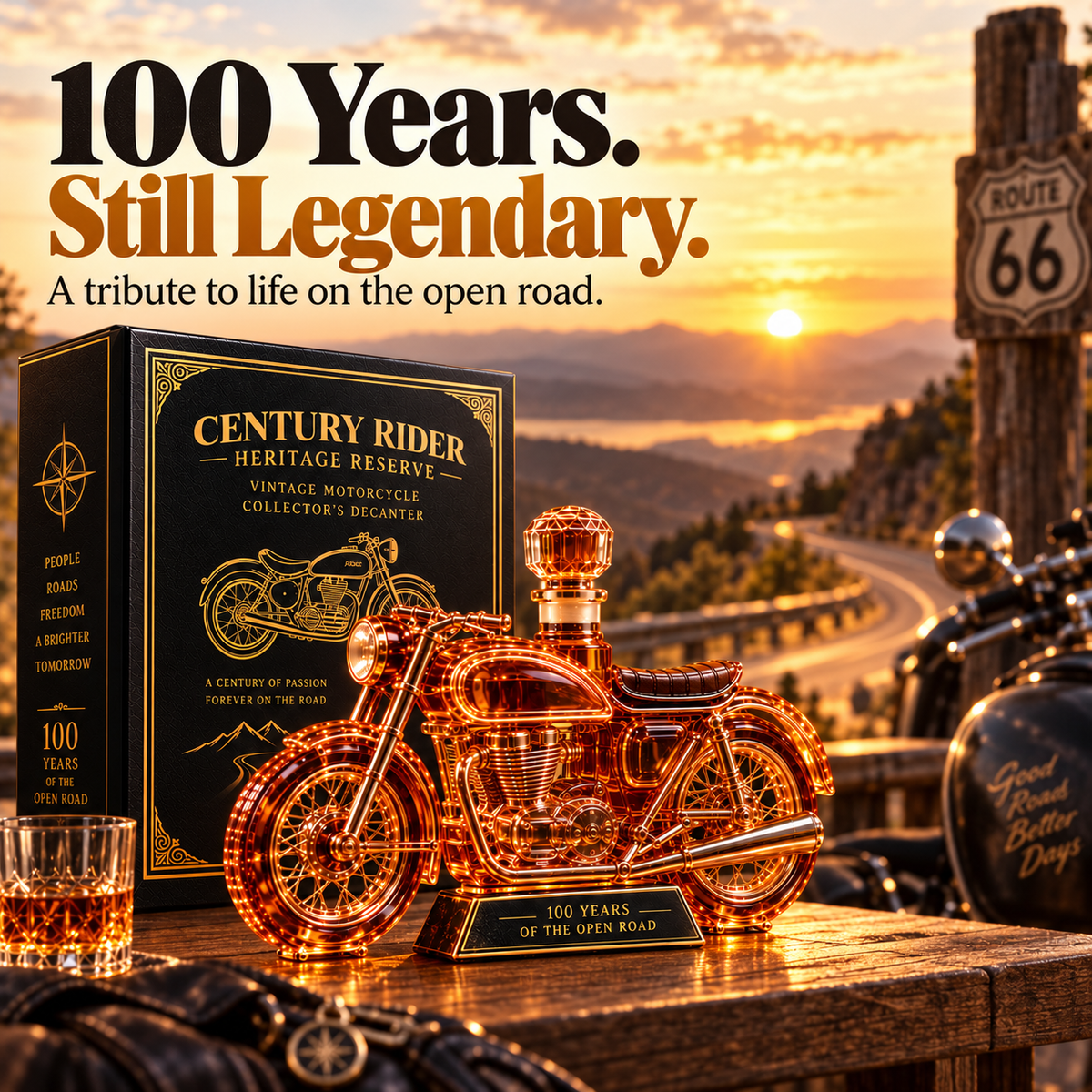 Century Rider collector decanter beside a winding scenic road at sunset
