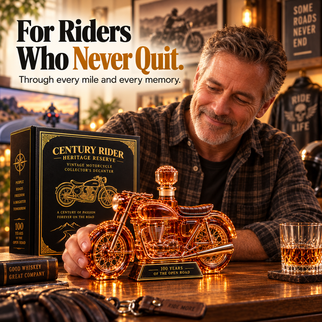 A rider admiring the Century Rider motorcycle decanter at home