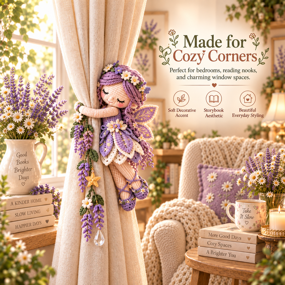 Blush pink fairy curtain tieback in a cozy nursery