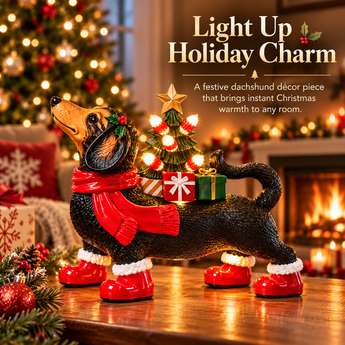 🎁 Christmas Dachshund Light-Up Figurine