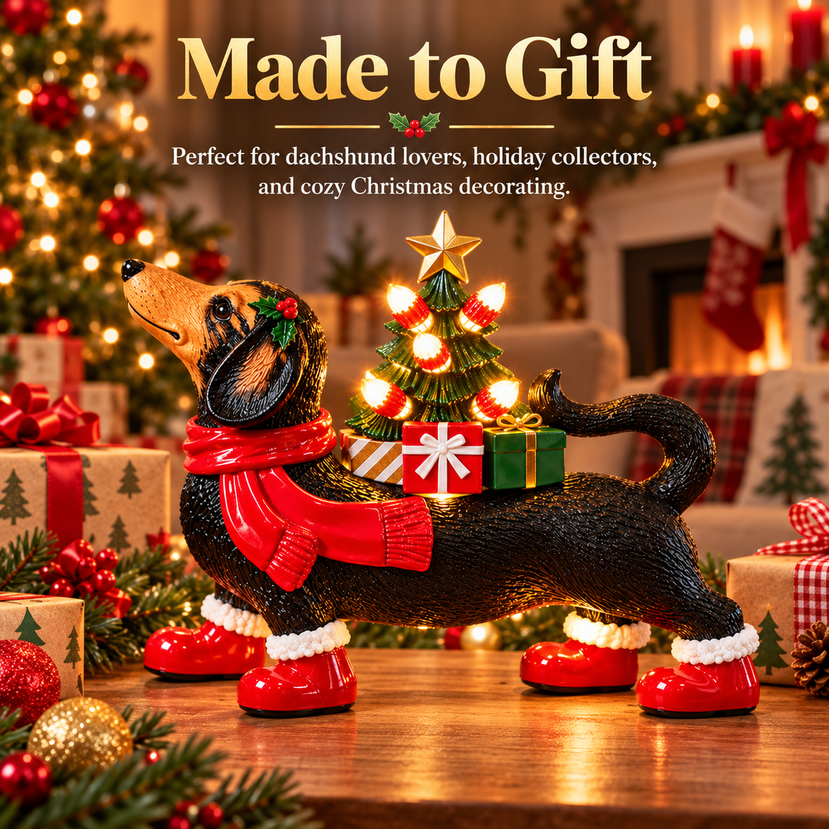 🎁 Christmas Dachshund Light-Up Figurine
