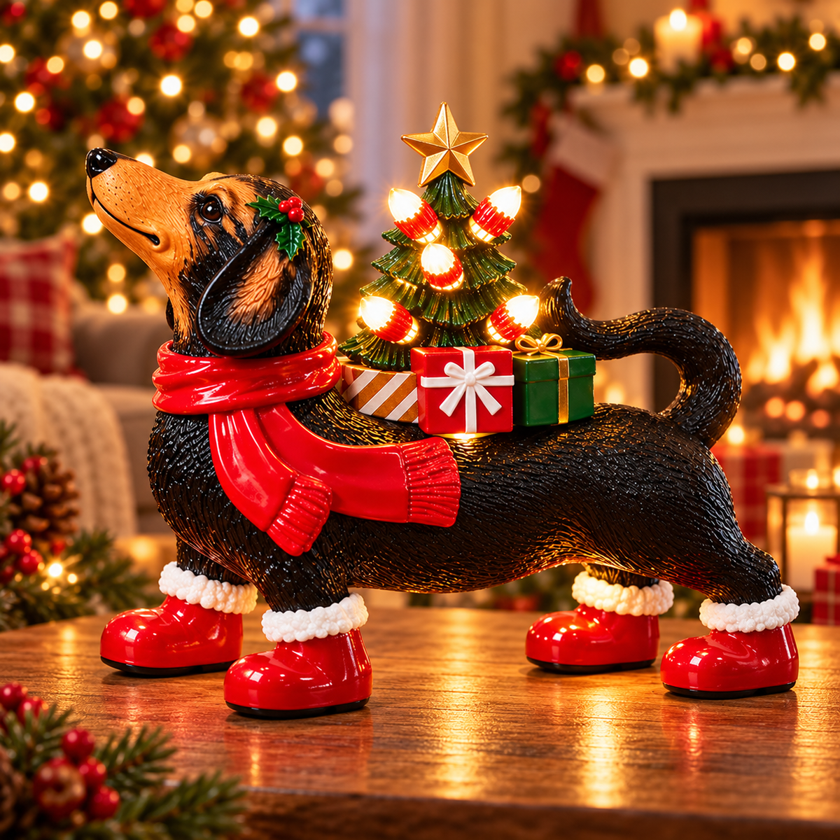 🎁 Christmas Dachshund Light-Up Figurine