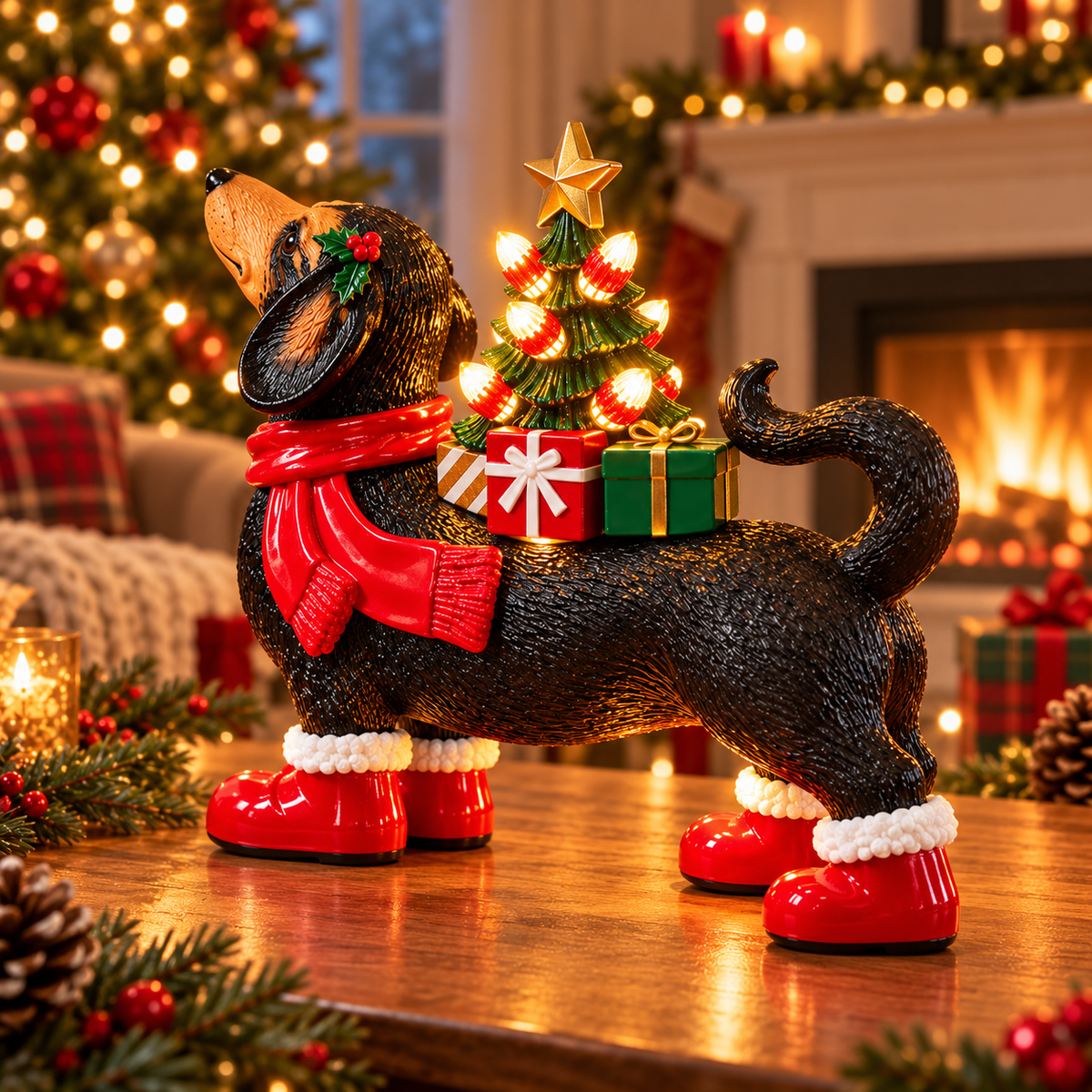 🎁 Christmas Dachshund Light-Up Figurine
