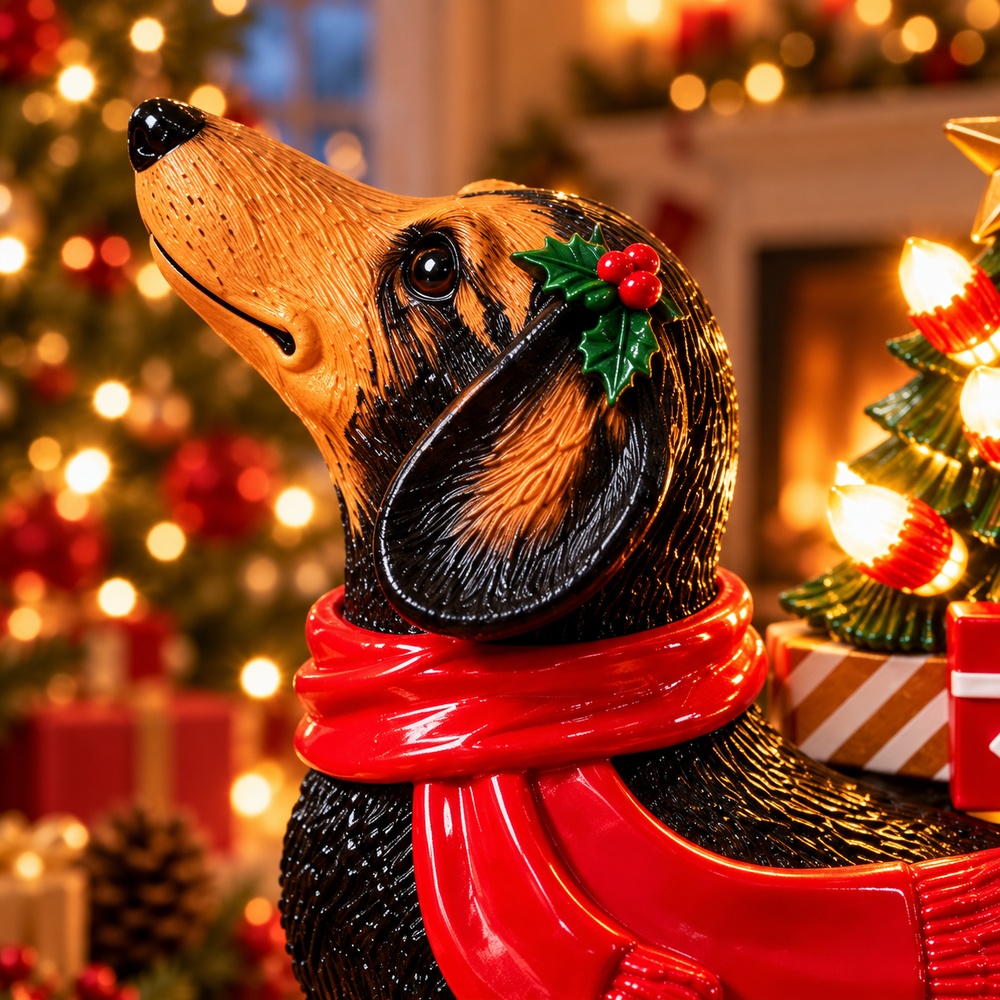 Dachshund head, expressive face, holly decoration and red scarf close-up