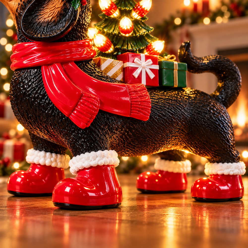 Close-up of the sculpted dachshund body and red boots with white trim