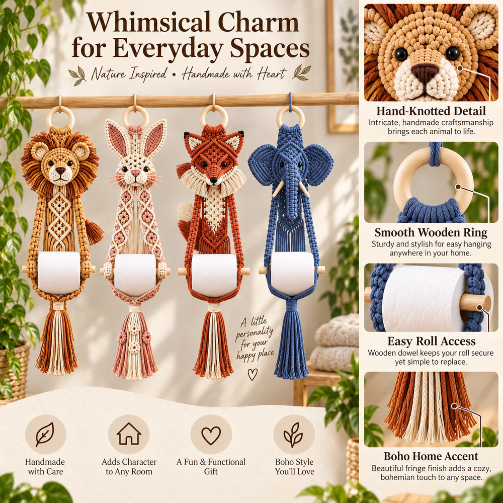 Close-up features of macrame animals, hanging ring, roll holder and tassel