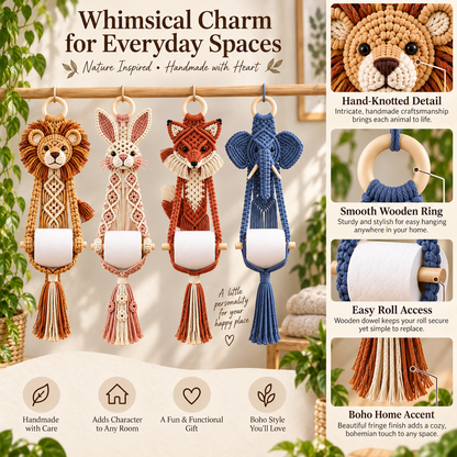 Boho Critter Charm™ – 9 Handmade Macramé Animal Toilet Paper Holders | Cute Bathroom Decor & Gifts