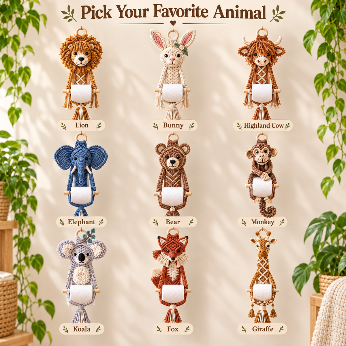Boho Critter Charm™ – 9 Handmade Macramé Animal Toilet Paper Holders | Cute Bathroom Decor & Gifts