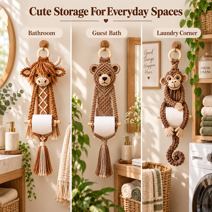 Boho Critter Charm™ – 9 Handmade Macramé Animal Toilet Paper Holders | Cute Bathroom Decor & Gifts