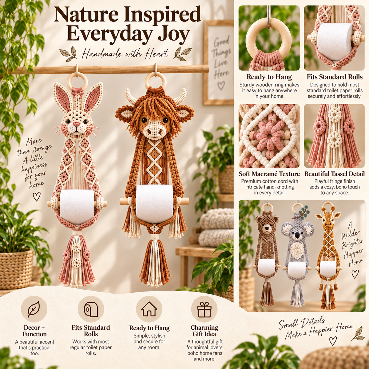 Boho Critter Charm™ – 9 Handmade Macramé Animal Toilet Paper Holders | Cute Bathroom Decor & Gifts