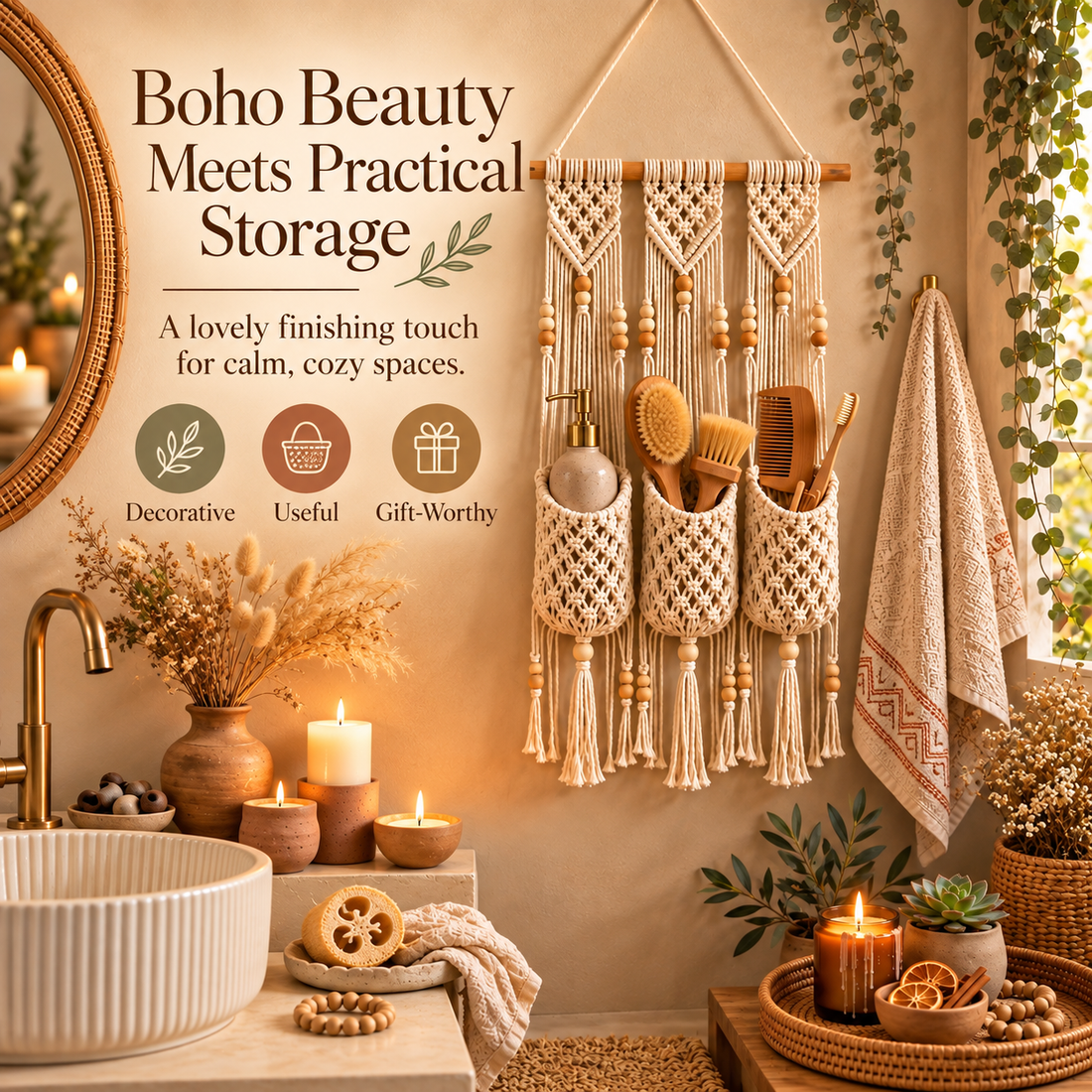 Boho wall organizer styled beside vanity
