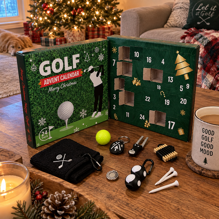 Golf advent calendar in a Christmas living room