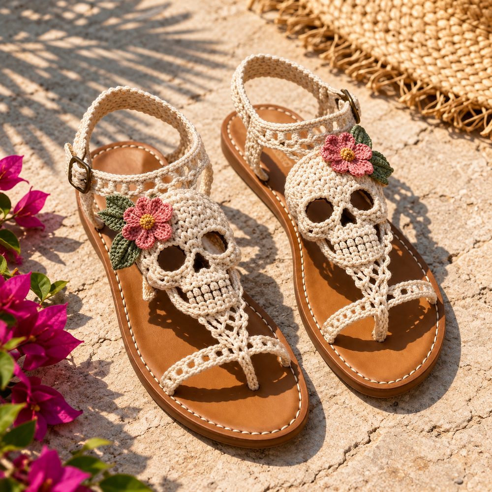Cream crochet skull sandals with pink flowers and tan footbeds