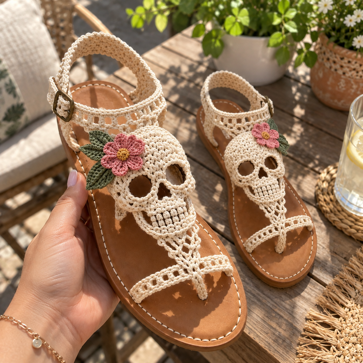 💀🌸 Hand-Crocheted Boho Skull Bloom Sandals