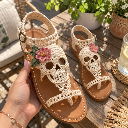 💀🌸 Hand-Crocheted Boho Skull Bloom Sandals