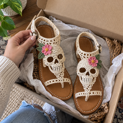 💀🌸 Hand-Crocheted Boho Skull Bloom Sandals