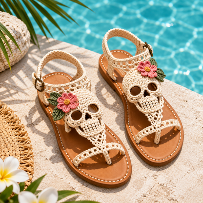 💀🌸 Hand-Crocheted Boho Skull Bloom Sandals