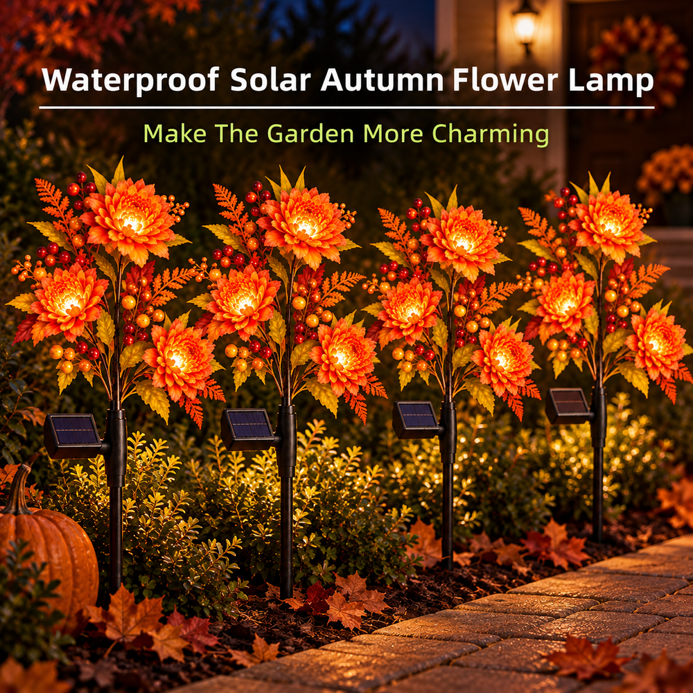 Multiple glowing solar autumn flower stakes displayed together