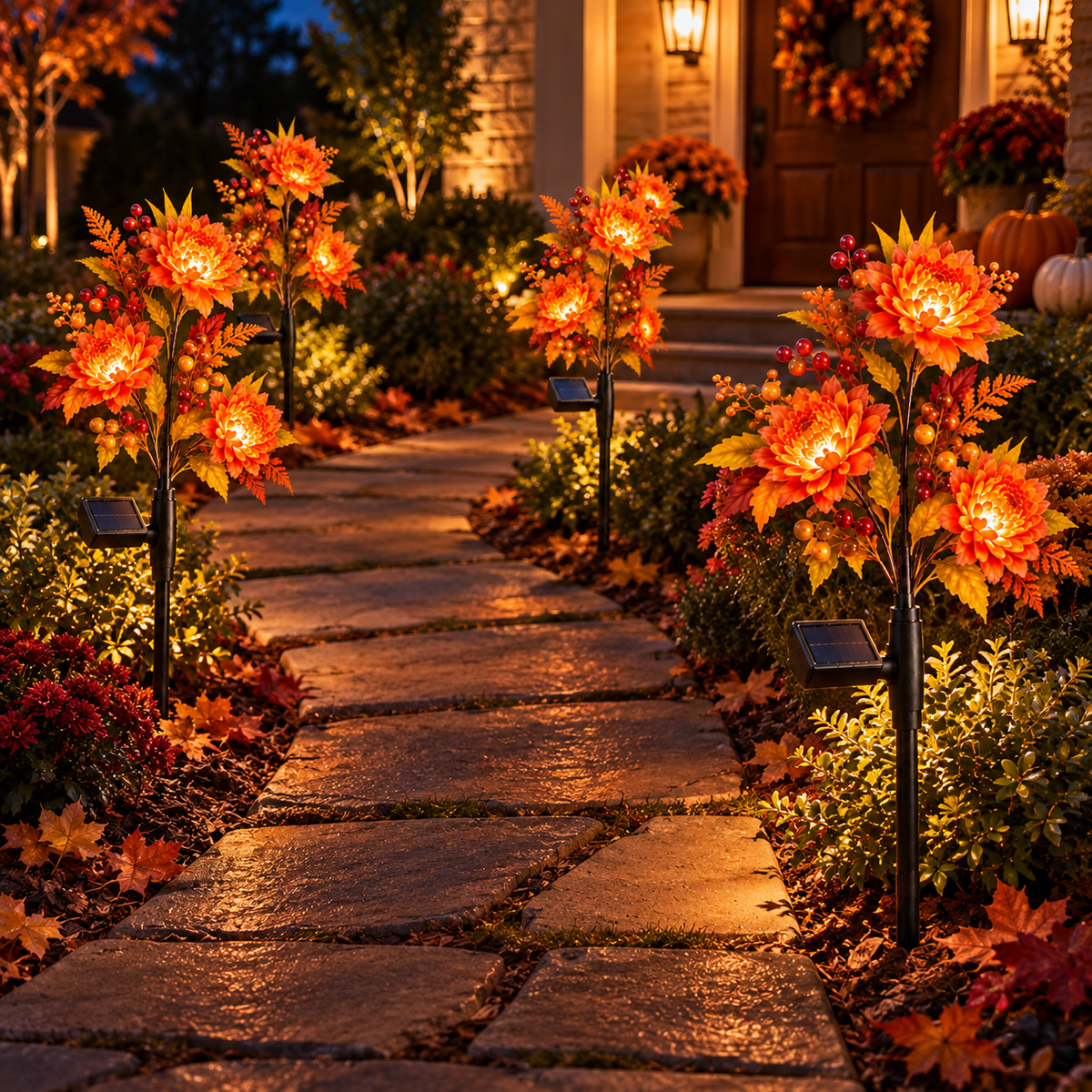 Autumn solar flower garden lights glowing along a home walkway