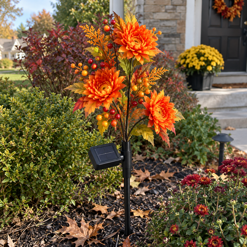 Unlit autumn flower solar garden light shown in an open shipping box
