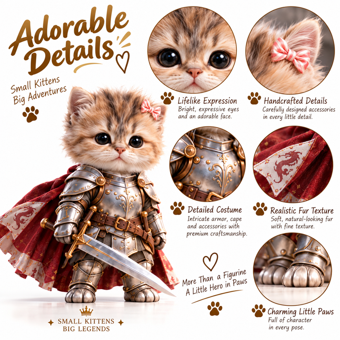 Close-up details of the fantasy kitten knight figurine including armor face and accessories