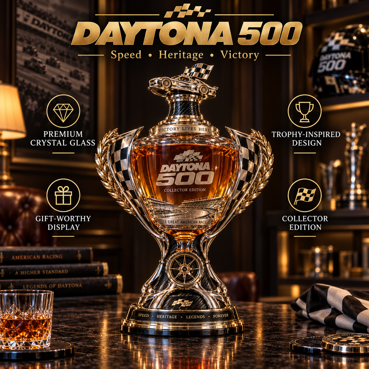 Daytona racing heritage inspired trophy whiskey decanter