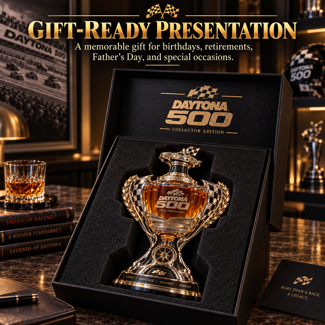 Daytona inspired racing trophy decanter alongside collector packaging