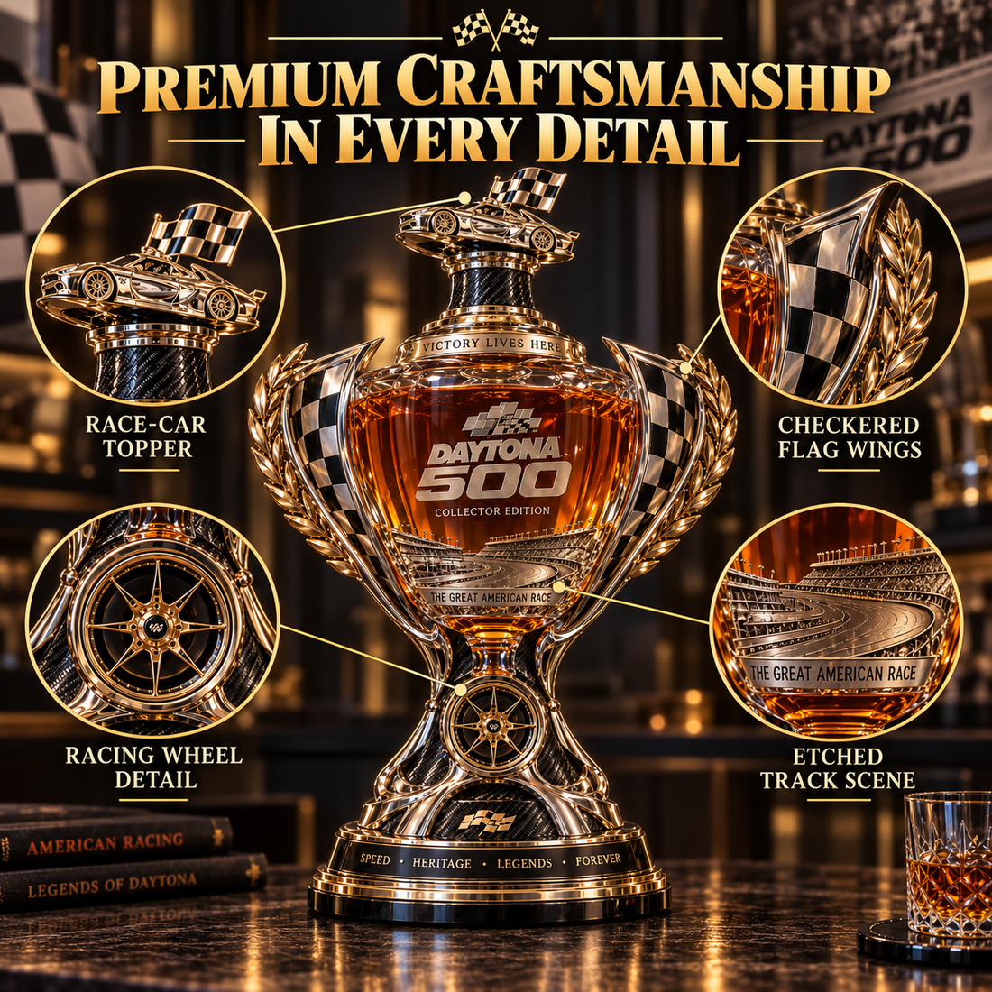 Daytona racing trophy decanter feature presentation