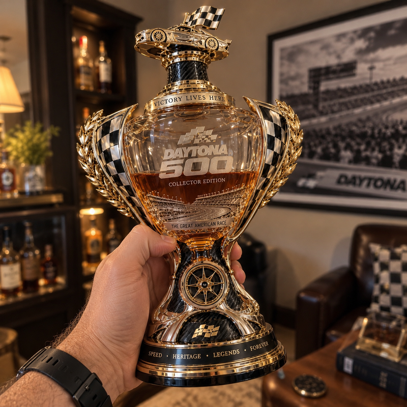 Empty racing trophy whiskey decanter in a shipping box with protective foam