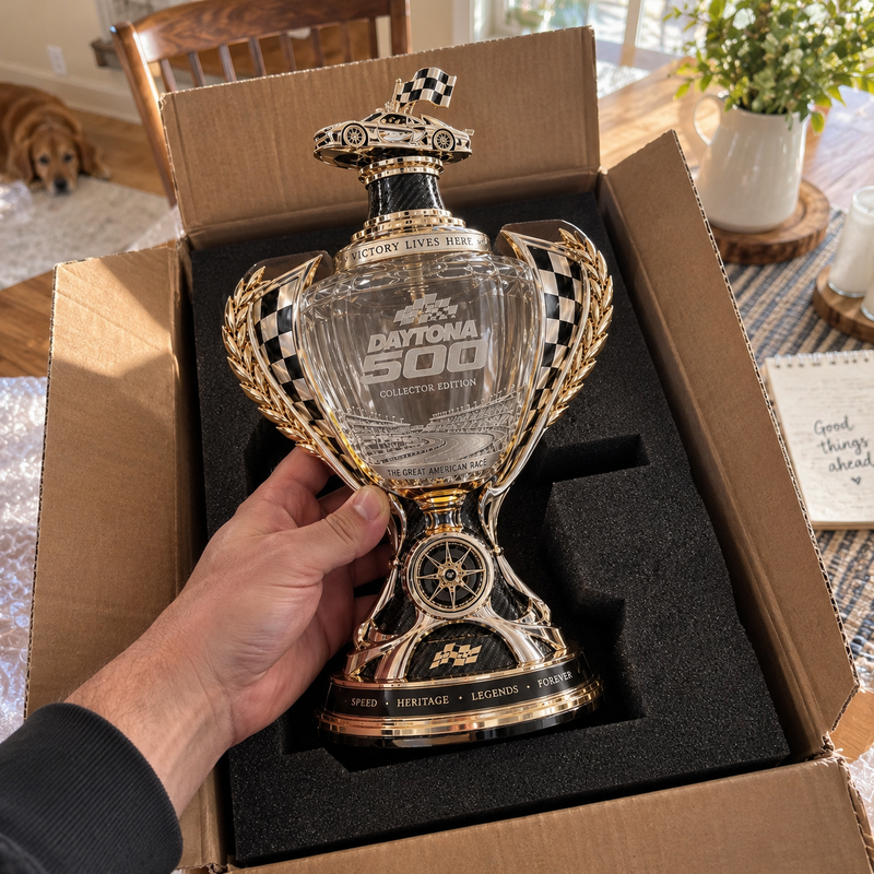 Hand holding a half-filled racing trophy whiskey decanter at home