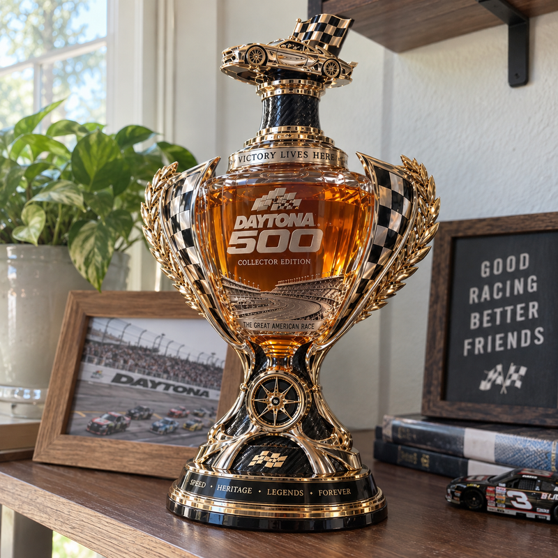Racing trophy whiskey decanter displayed on a wooden shelf in natural daylight